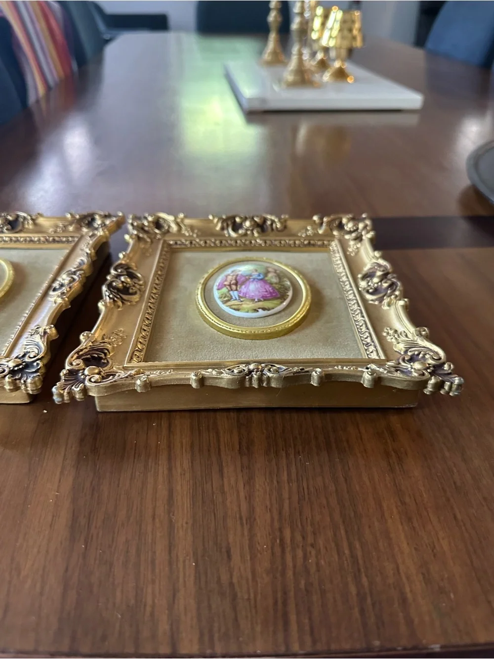 Decorative Gold Ornate Picture Frame Pair with Pastel Cameo Art